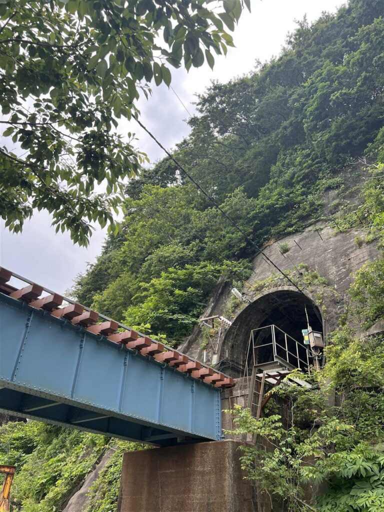 青い鉄橋を渡って現行トンネルへ向かう羽越本線