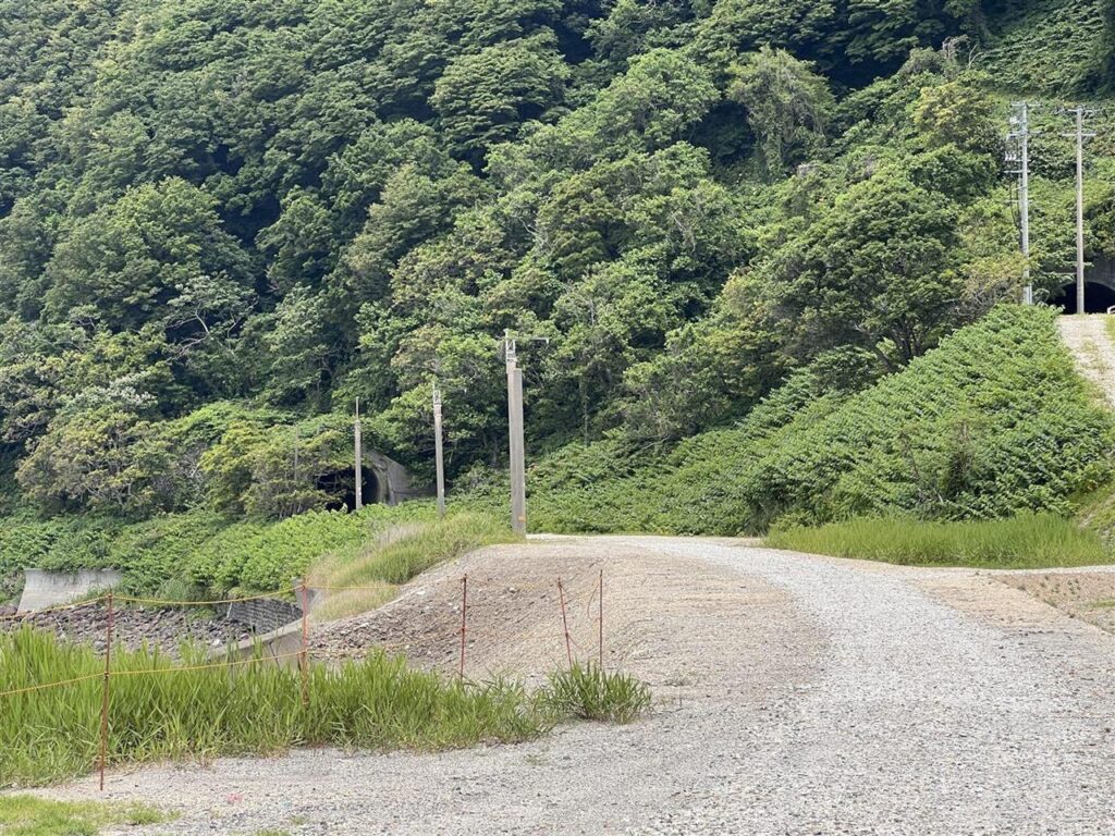 砂利が敷き詰められた旧線跡と残された架線柱